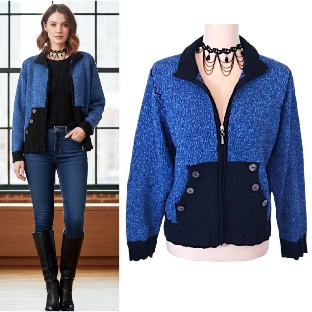 VTG 80s 90s Fia Italia Handloomed Blue Black Knit Zip Cardigan Sweater XL